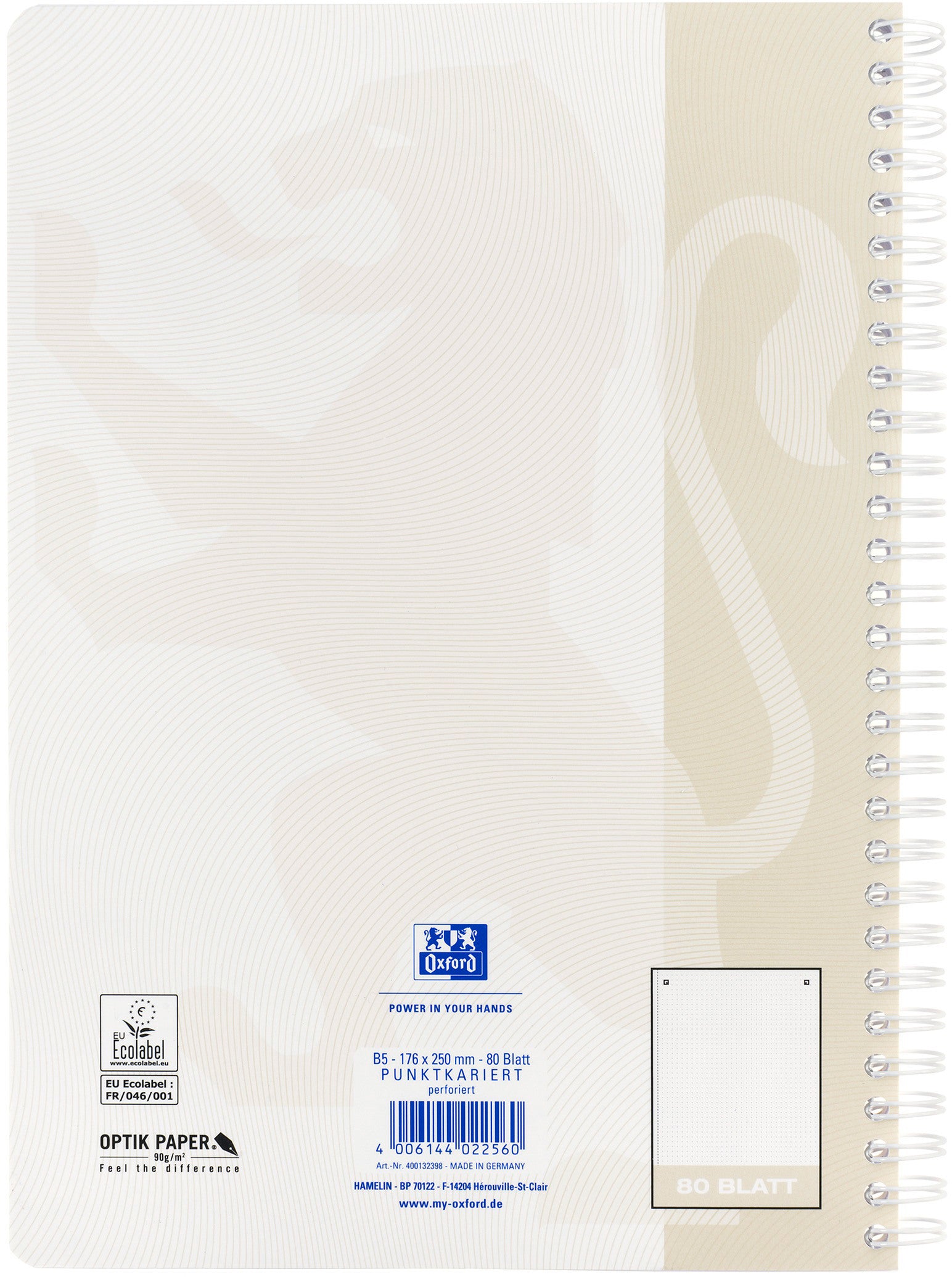 OXFORD Collegeblock TOUCH B5 400132398 dotted, light stone 80 Blatt