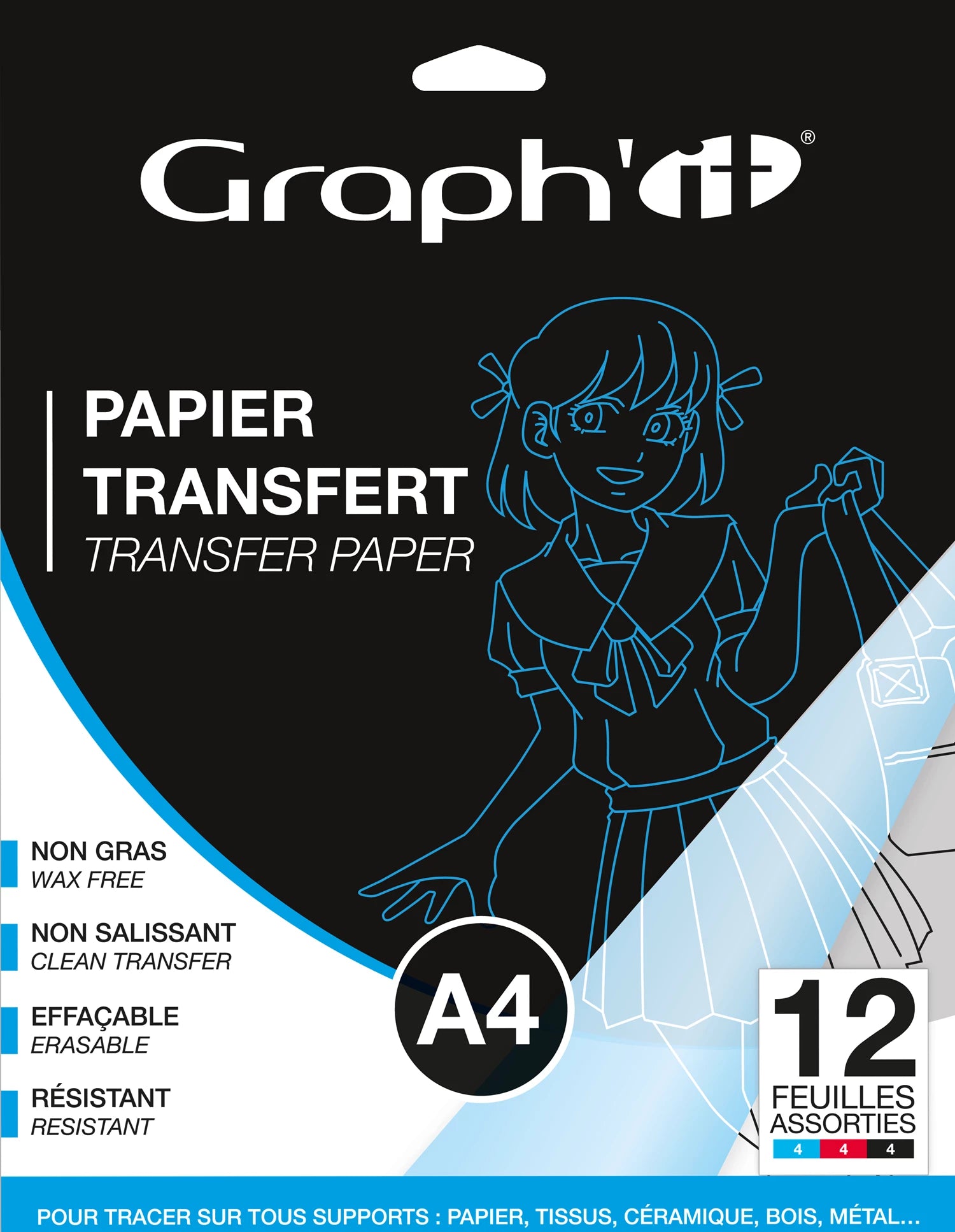 GRAPH'IT PAPIER TRANSFERT 12 FEUILLES A4 ASSORTIES NOIR, ROU