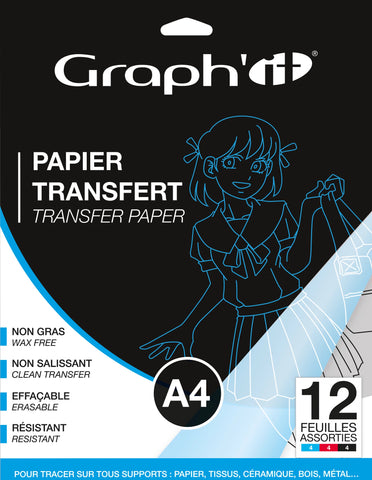 GRAPH'IT PAPIER TRANSFERT 12 FEUILLES A4 ASSORTIES NOIR, ROU