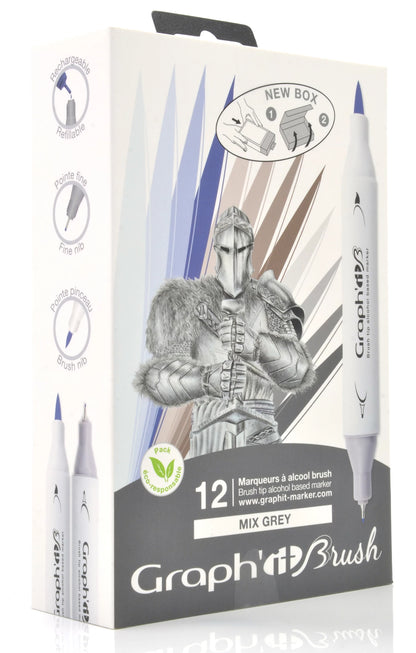 GRAPH'IT BRUSH & EXTRA FINE SET 12 MARQUEURS MIX GREYS