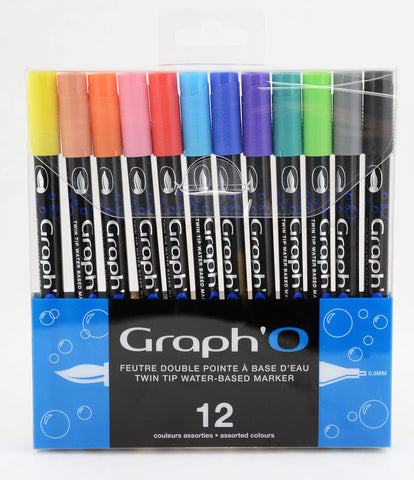 GRAPH'O FEUTRE DOUBLE POINTE A BASE D'EAU SET DE 12 COULEURS