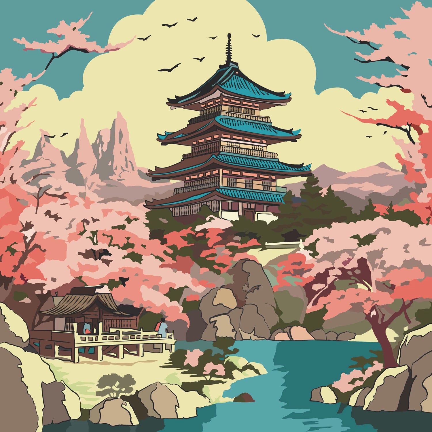 ENJOY ART PEINTURE N° 30X30CM SOLEIL LEVANT-PAGODE