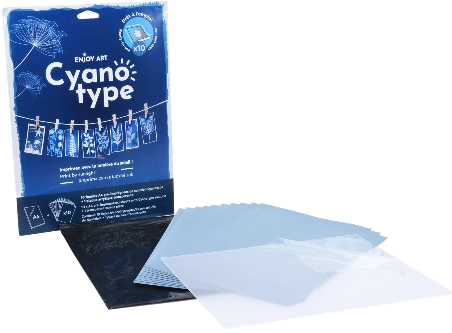 ENJOY ART KIT 10 FEUILLES CYANOTYPE A4 + 1 PLAQUE A4