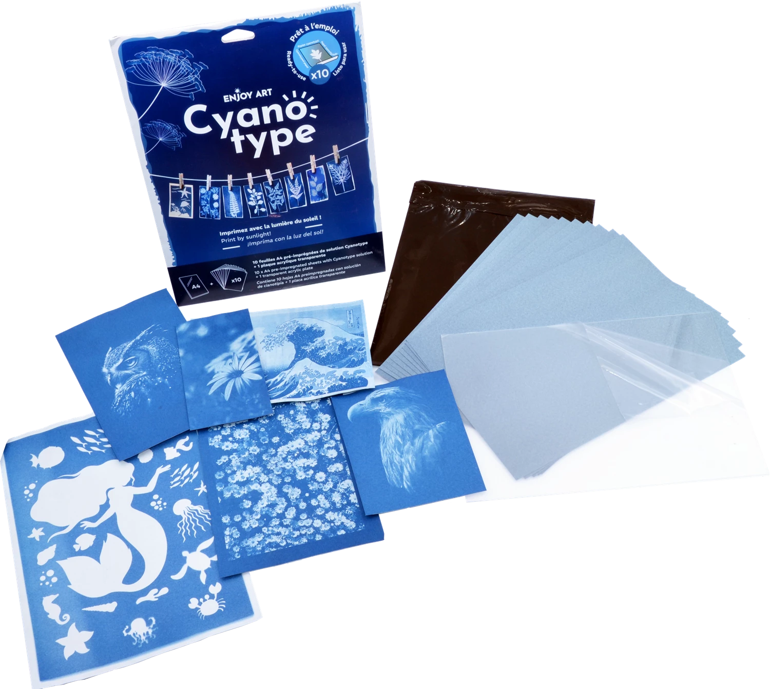 ENJOY ART KIT 10 FEUILLES CYANOTYPE A4 + 1 PLAQUE A4
