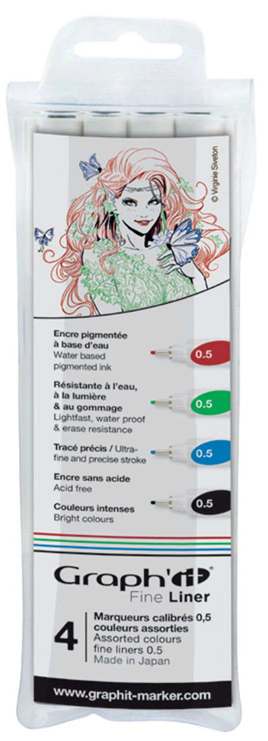 GRAPH'IT POCHETTE DE 4 FINE LINERS COULEURS 0,5 NOIR BLEU RO
