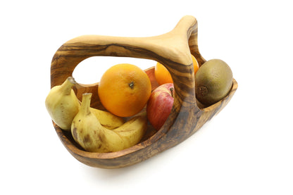 Olijfenhouten fruitmand met handvat