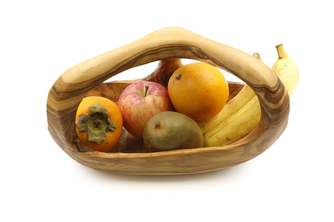 Olijfenhouten fruitmand met handvat
