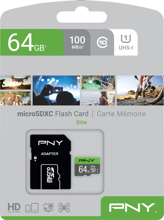 PNY micro-SDXC Elite 64GB P-SDUX64U185GW-GE UHS-I U1 & adapter