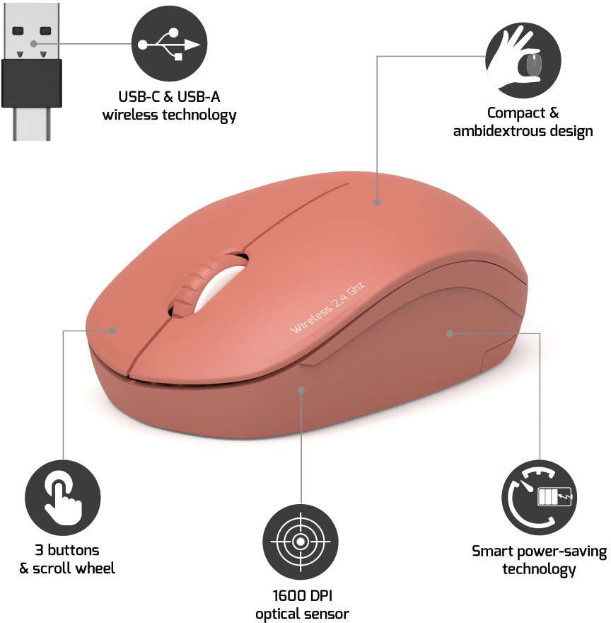 PORT Silent Mouse Wirelless 900542 USB-C/USB-A, Terracotta