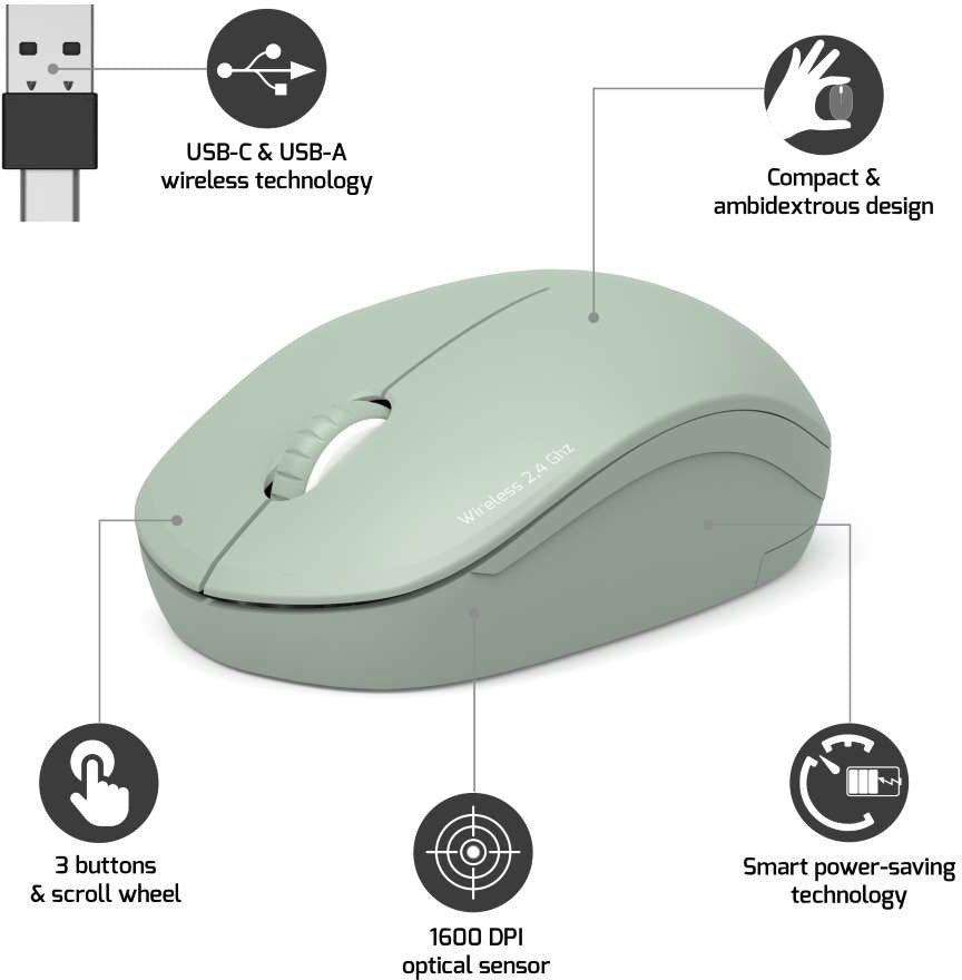 PORT Silent Mouse Wireless 900543 USB-C/USB-A, Olive