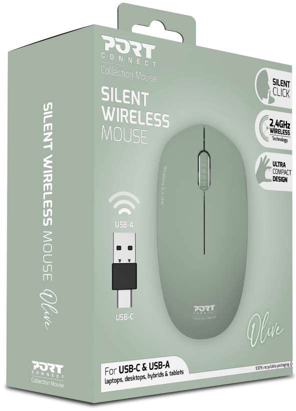 PORT Silent Mouse Wireless 900543 USB-C/USB-A, Olive