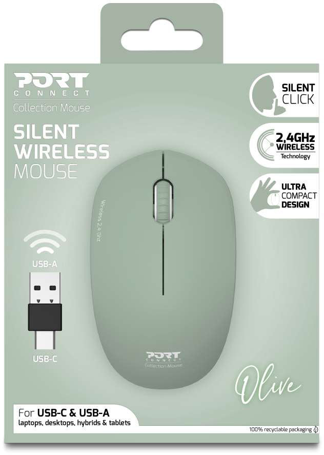 PORT Silent Mouse Wireless 900543 USB-C/USB-A, Olive