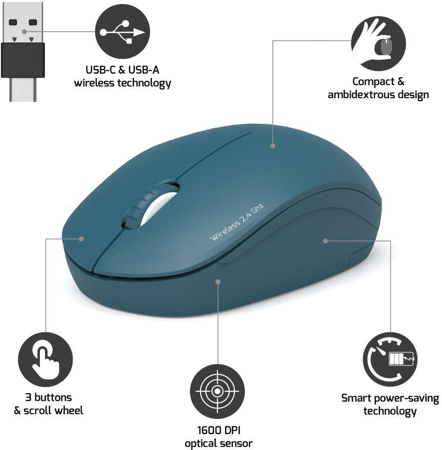 PORT Silent Mouse Wireless 900545 USB-C/USB-A, Saphire