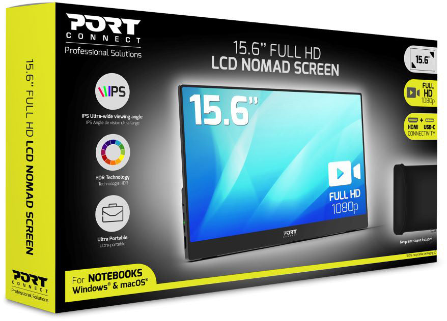 PORT Portable Monitor 15.6, 1080p 902101 Full HD LCD, USB-C, HDMI,