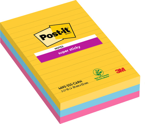 POST-IT SuperSticky Carnival 152x101mm 46903SSCA 3-farbig, liniert 3x90 Blatt