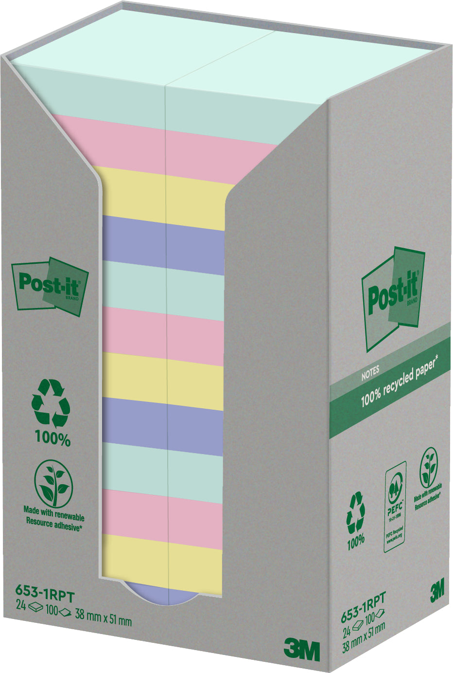 POST-IT Haftnotizen Recycling 51x38mm 653-1RPT 4-farbig, 24x100 Blatt
