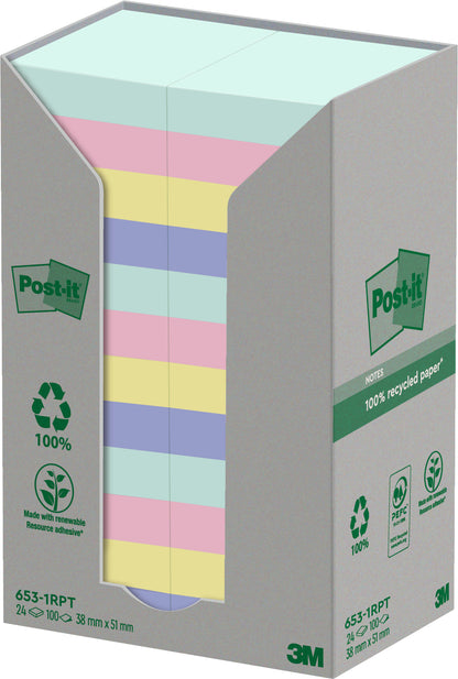 POST-IT Haftnotizen Recycling 51x38mm 653-1RPT 4-farbig, 24x100 Blatt