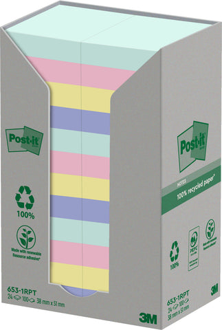 POST-IT Haftnotizen Recycling 51x38mm 653-1RPT 4-farbig, 24x100 Blatt