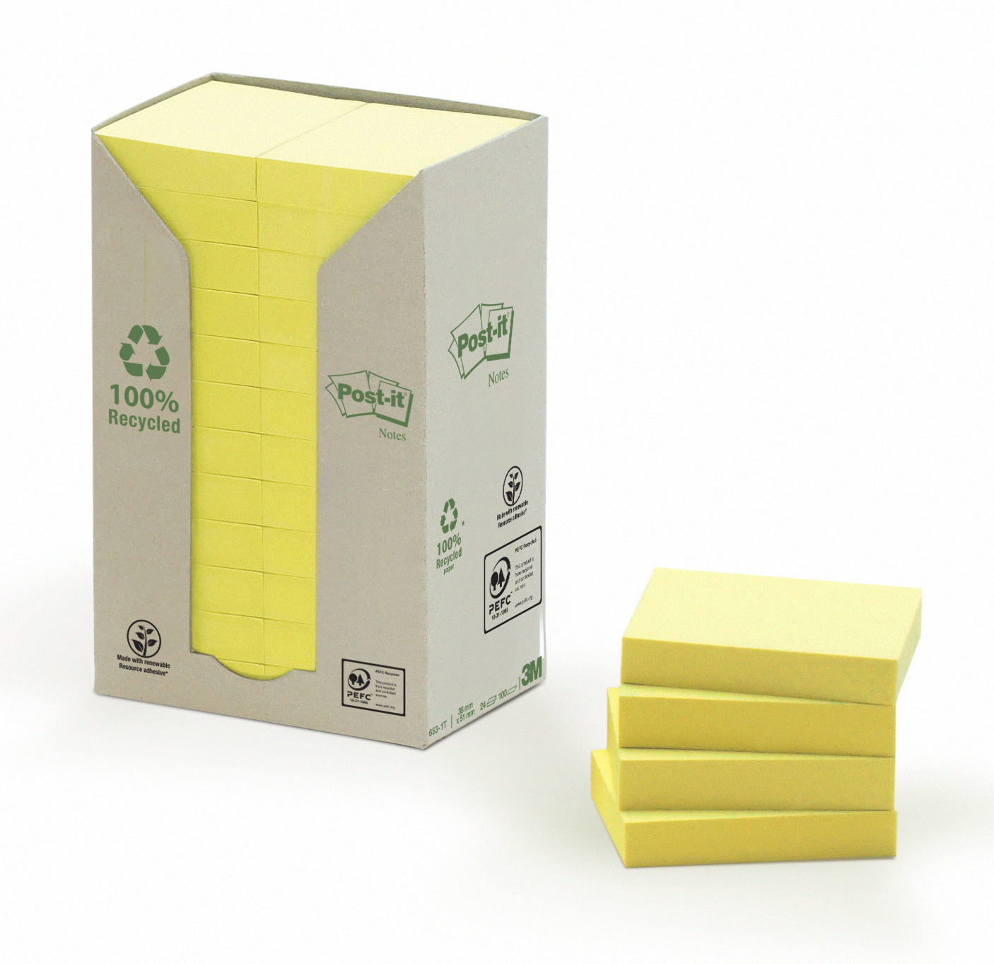 POST-IT Haftnotizen Recycling 51x38mm 653-1T gelb, 24x100 Blatt