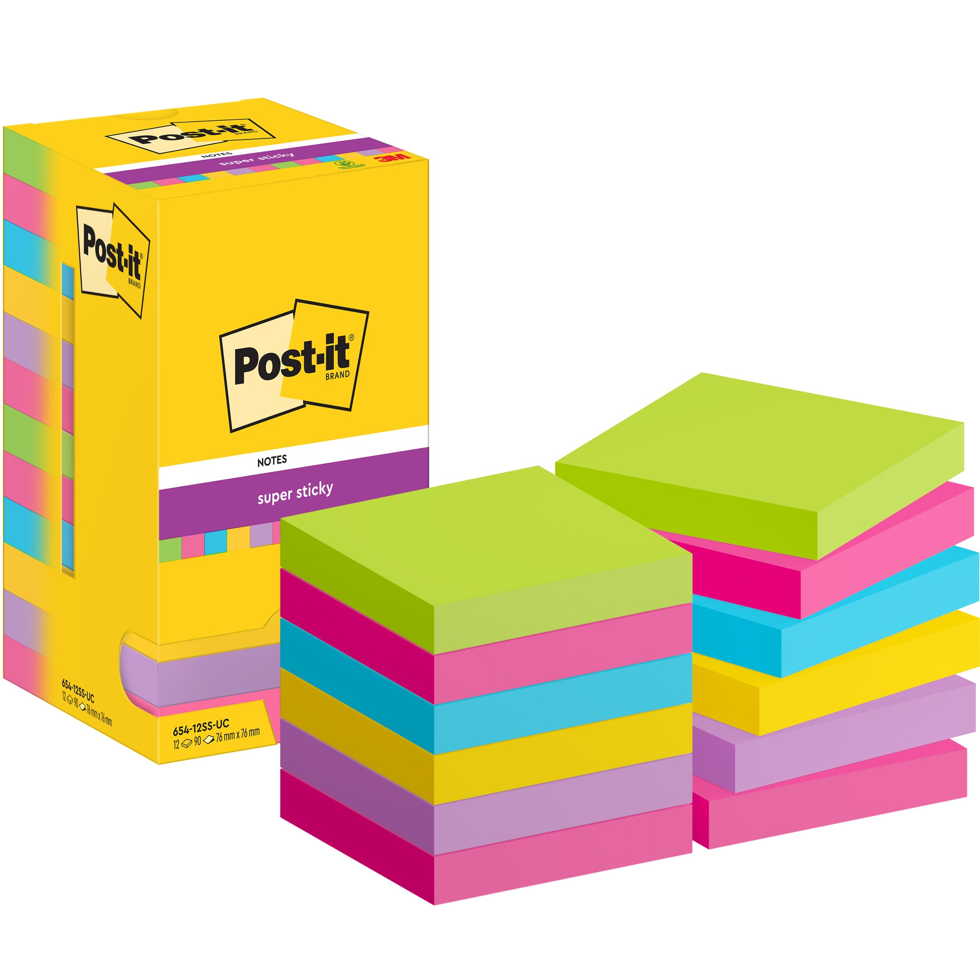 POST-IT Super Sticky Notes 76x76mm 654-12SS-UC 5-farbig 12x90 Blatt