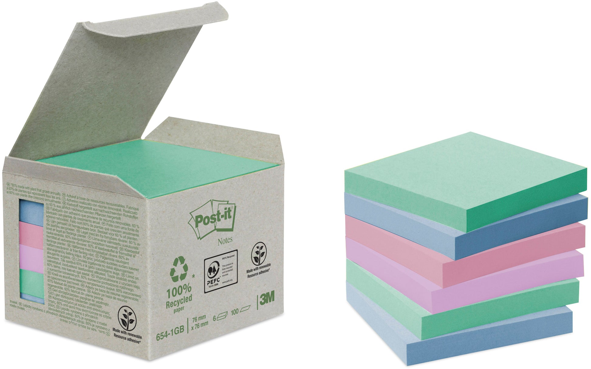 POST-IT Haftnotizen Recycling 76x76mm 654-1GB rainbow 6x100 Blatt