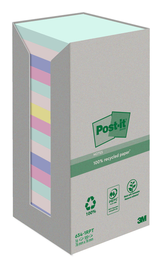 POST-IT Haftnotizen Recycling 76x76mm 654-1RPT 5-farbig, 16x100 Blatt