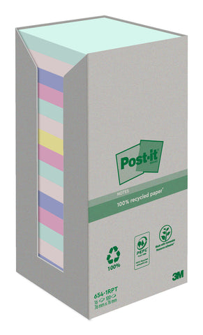 POST-IT Haftnotizen Recycling 76x76mm 654-1RPT 5-farbig, 16x100 Blatt