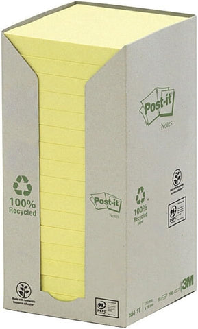 POST-IT Haftnotizen Recycling 76x76mm 654-1T gelb, 16x100 Blatt