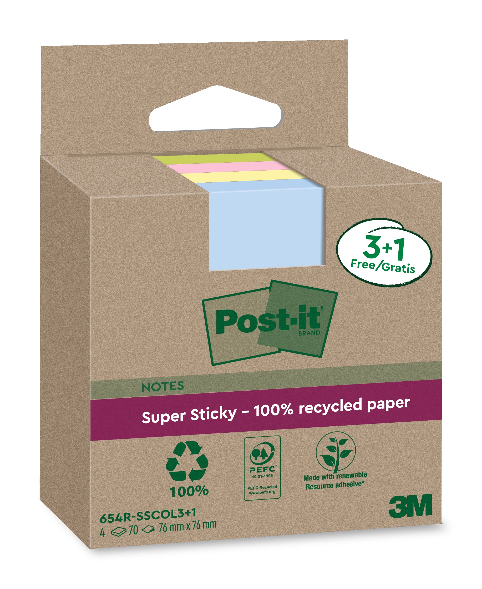 POST-IT SuperSticky Notes 76x76mm 654 RSSCOL 3+1F Recycling,assort. 4x70 Blatt
