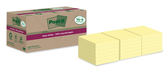 POST-IT SuperSticky Notes 76x76mm 654 RSSCY 14+4F Recycling, gelb 18x70 Blatt