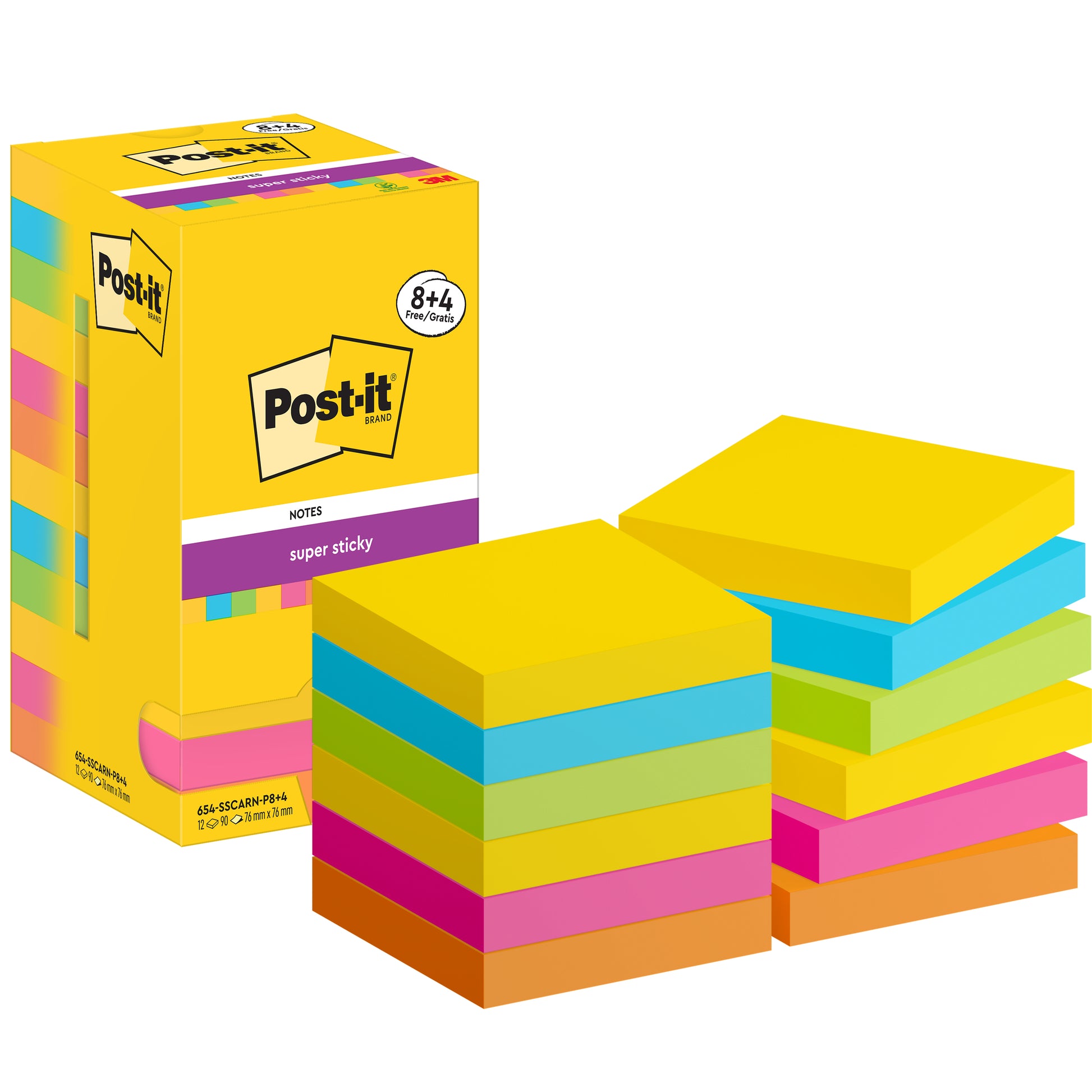 POST-IT Super Sticky Notes 76x76mm 654SSCARNP84 5-farbig 12x90 Blatt
