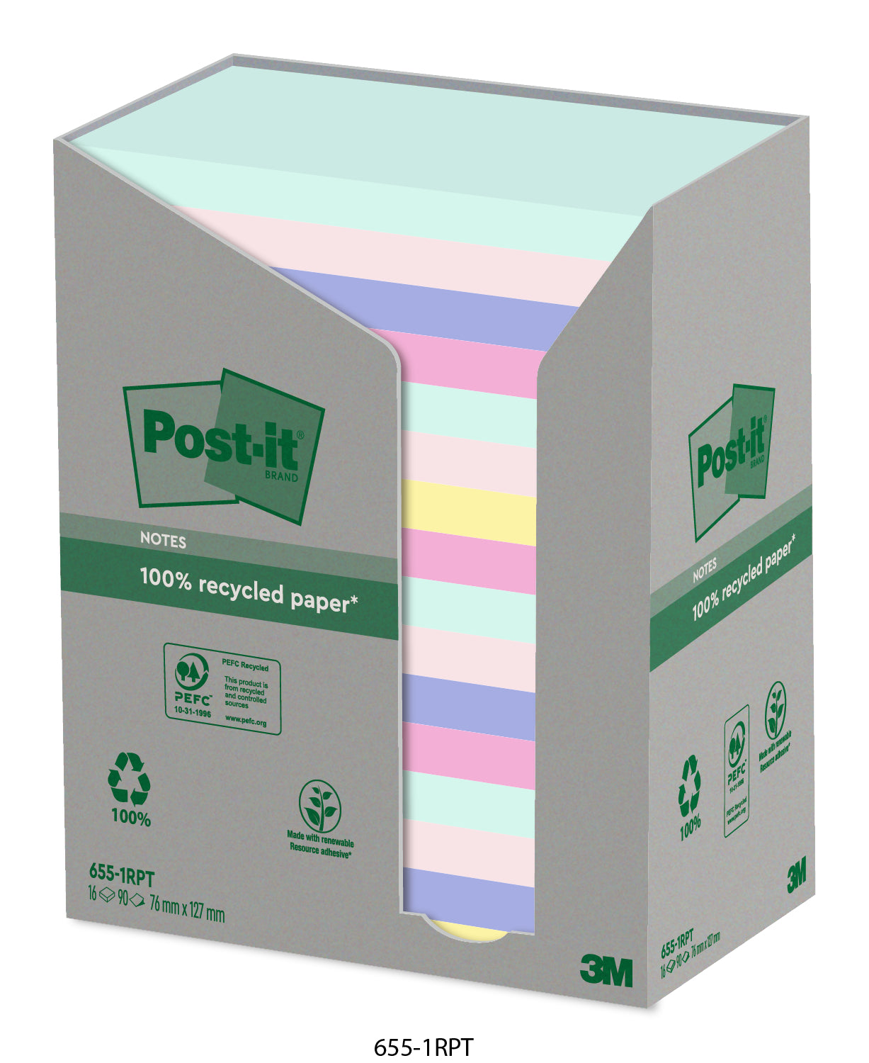 POST-IT Haftnotizen Recycling 127x76mm 655-1RPT 5-farbig, 16x100 Blatt