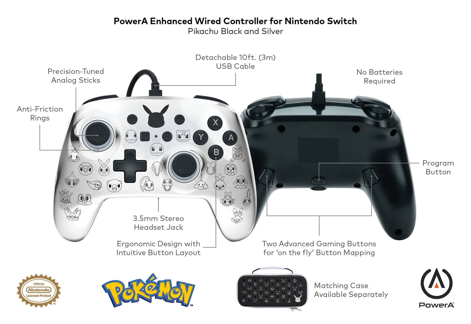 POWER A Enhanced Wired Controller 1522785-01 Pikachu, NSW,Black/Silver