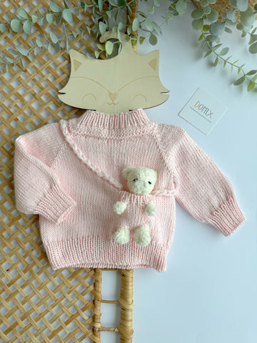 Pulle tricotee rose avec ours