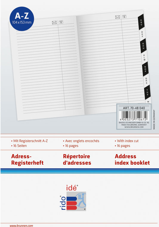 RIDOIDE Uni-Planer Adressregister 7048040.25 16 Seiten 10.4x15.3cm