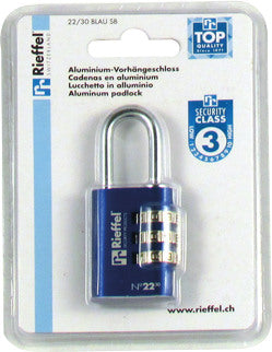 RIEFFEL SWITZERLAND Vorhängeschloss Nr. 22 27,5mm 22/30 BLAU SB blau, mit Zahlenschloss