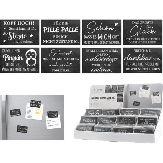 ROOST Magnete Schiefer mit Spruch 10039650 12-fach assortiert