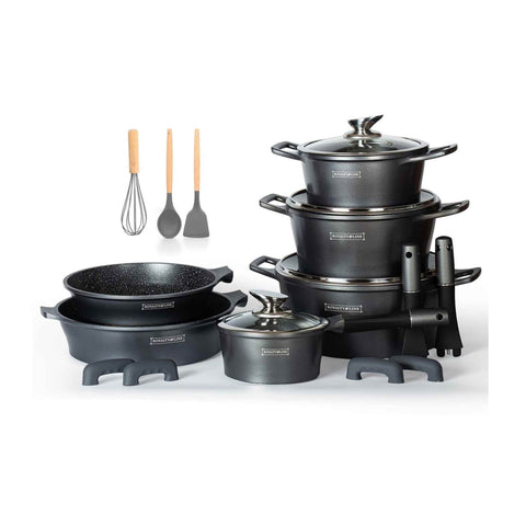 Royalty Line® ES1014 Inductie Pannenset - 17 Delige Pannensets - Met Afneembare Handvaten - Ovenbestendig - Pannen Voor Alle Warmtebronnen - Antiaanbaklaag - Zilver