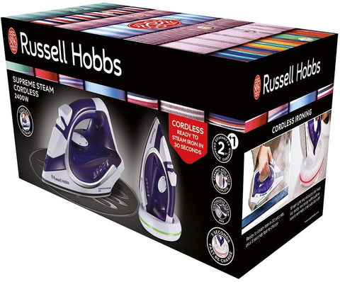 Russell Hobbs Bügeleisen [kabellos mit Basisstation] Supreme Steam Cordless (2400W, 135 g-min Extra-Dampfstoß, 300 ml, Keramik-Bügelsohle