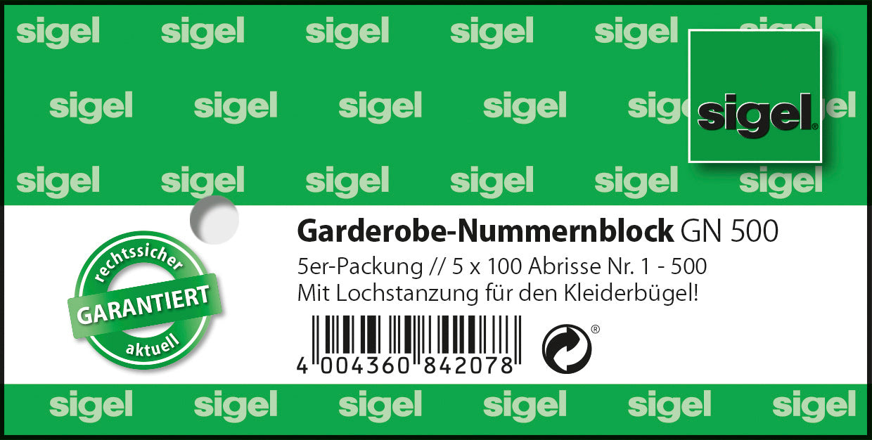 SIGEL Garderobe-Nummernblock GN500 num.1-500,2fbg,sort,5x100 BL