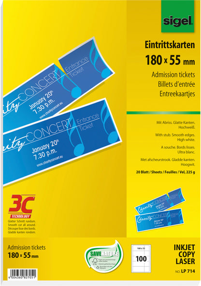 SIGEL Eintrittskarten, Abriss weiss LP714 3C,225g,180x55mm,100ST=20BL