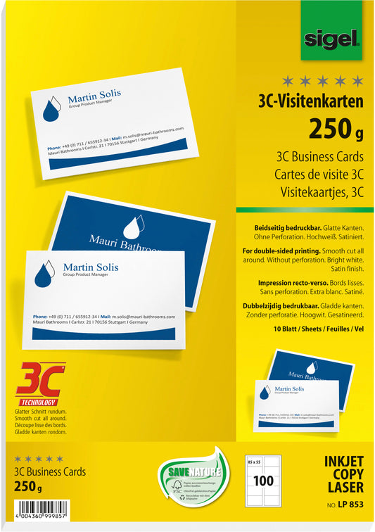 SIGEL Visitenkarten 85x55mm LP853 weiss, 250g 100 Stück
