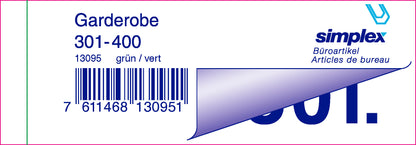 SIMPLEX Garderobenblock 301-400 13095 grün 100 Blatt