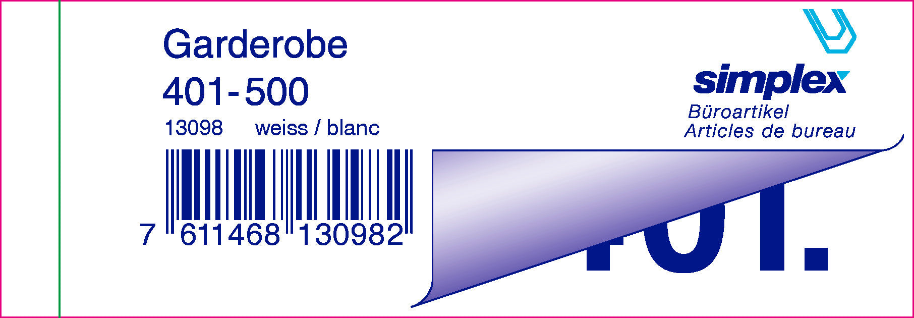 SIMPLEX Garderobenblock 401-500 13098 weiss 100 Blatt