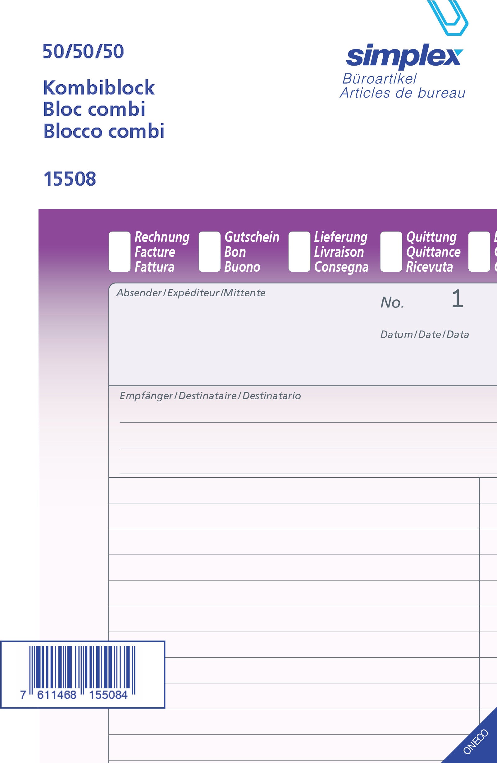 SIMPLEX Kombiblock D/F/I A5 15508 weiss 50x3 Blatt