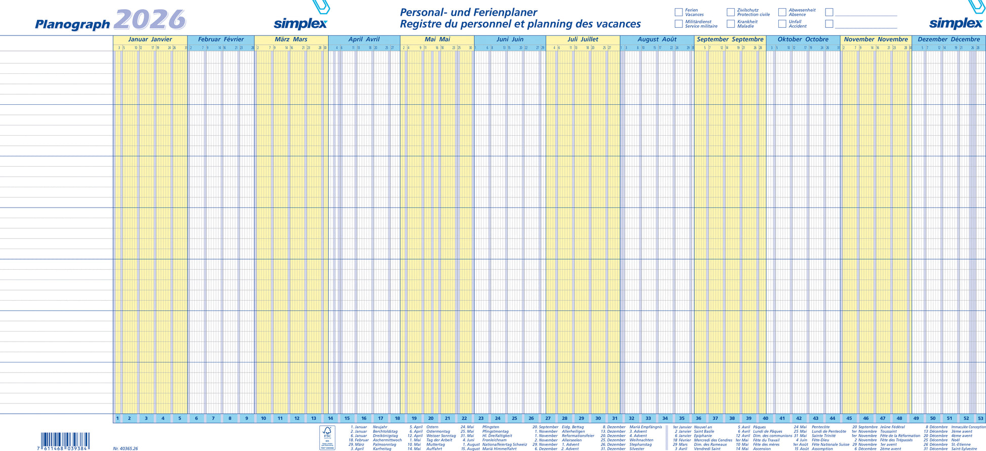 SIMPLEX Planograph 10 Stück 2026 40365 1J/1S DE/FR 64x29.6cm