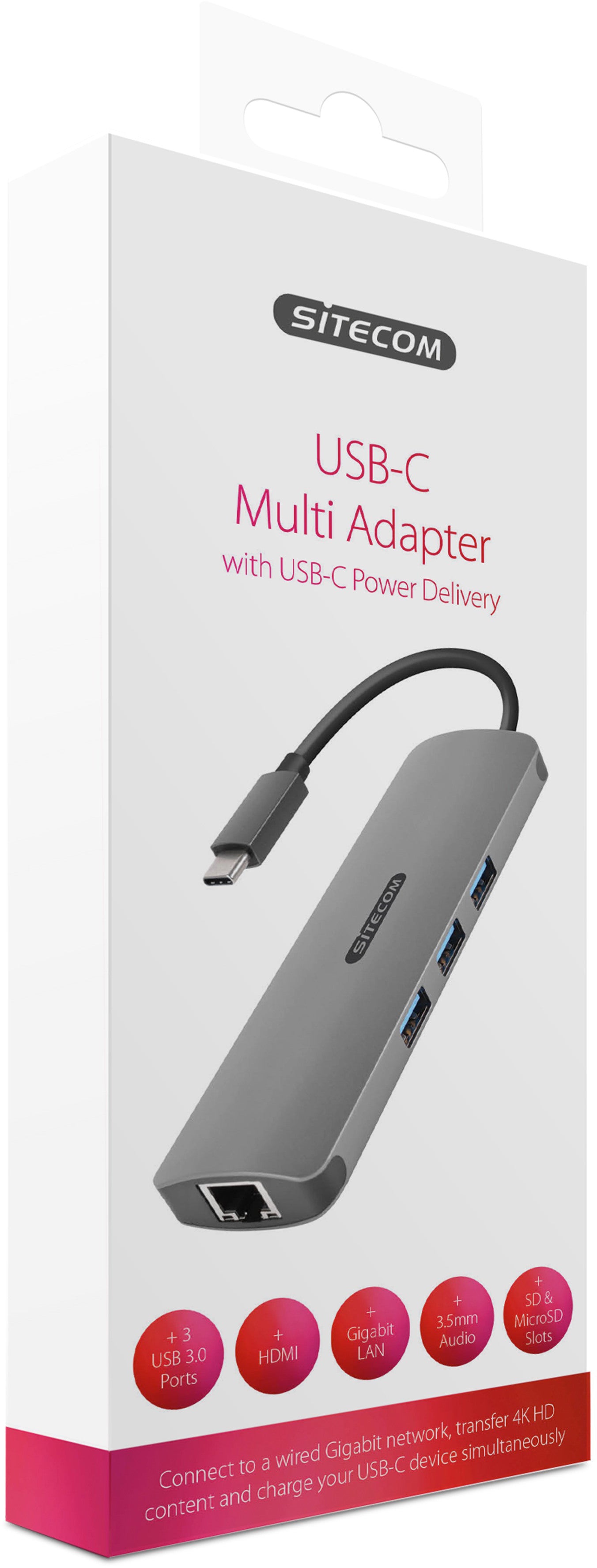 SITECOM USB-C Multi-Port Hub HDMI,LAN CN-382 3x USB-A, 4K, SD, mSD USB-C PD