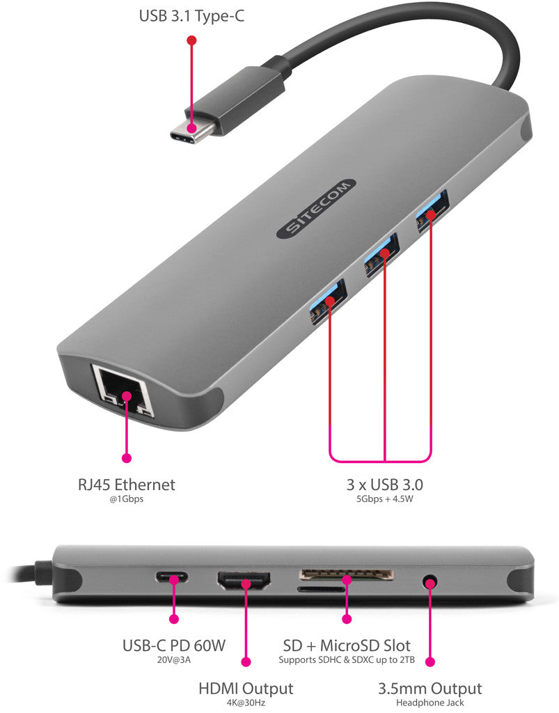 SITECOM USB-C Multi-Port Hub HDMI,LAN CN-382 3x USB-A, 4K, SD, mSD USB-C PD
