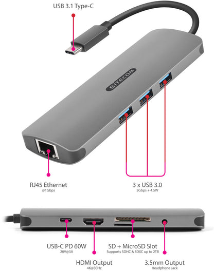 SITECOM USB-C Multi-Port Hub HDMI,LAN CN-382 3x USB-A, 4K, SD, mSD USB-C PD