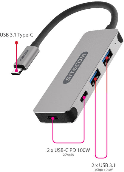 SITECOM USB-C Hub 4 Port CN-384 2x USB 3.1-A + 2x USB-C 5Gbps